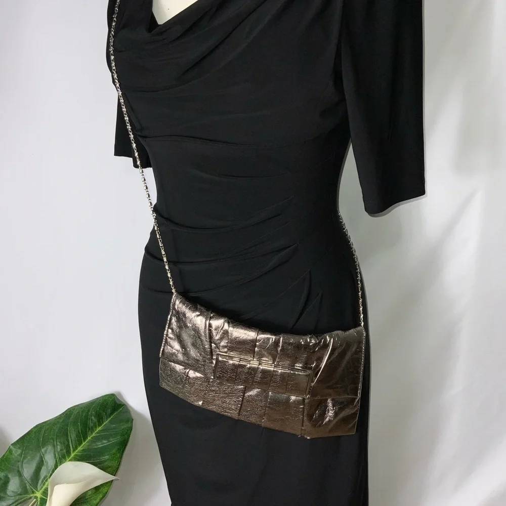Kate Landry Shiny Platinum Pleated Clutch Chain Crossbody or Shoulder 10X6